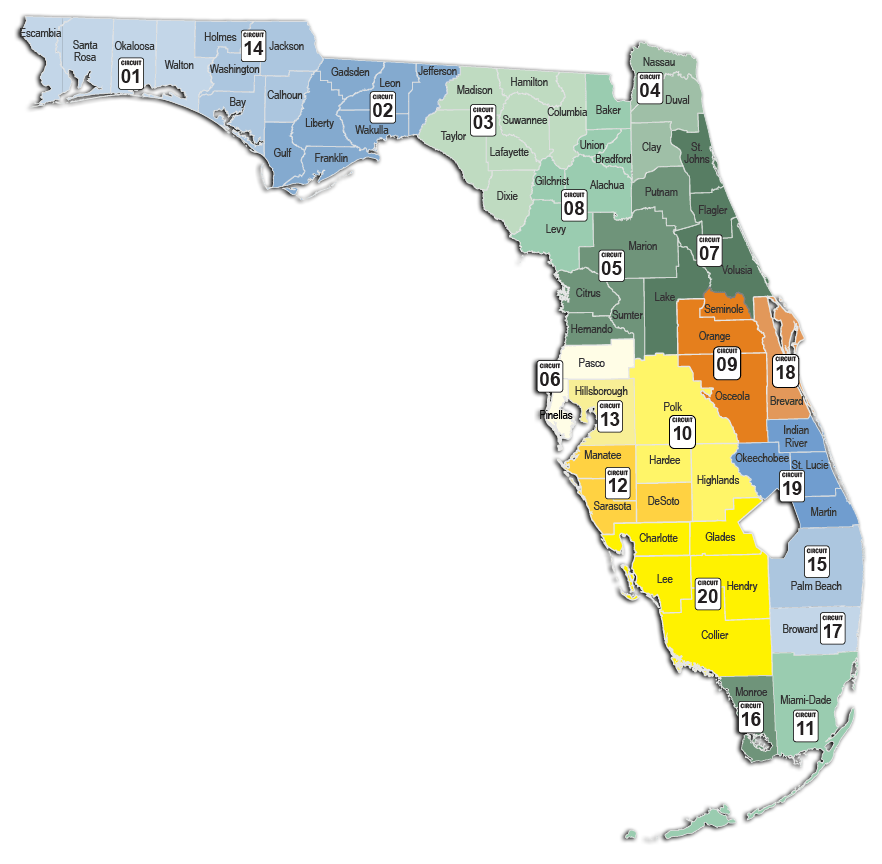 Florida map showing judicial circuit numbers